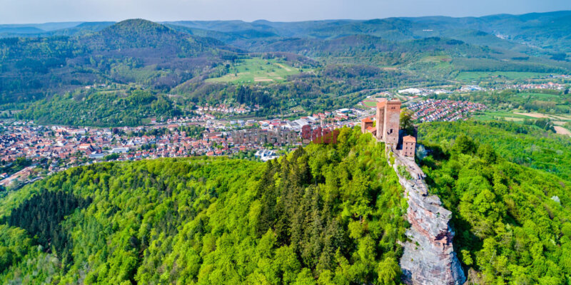 Aerial view of Trifels Castle in the Palatinate Forest. Major tourist attraction in Rhineland-Palatinate State of Germany
